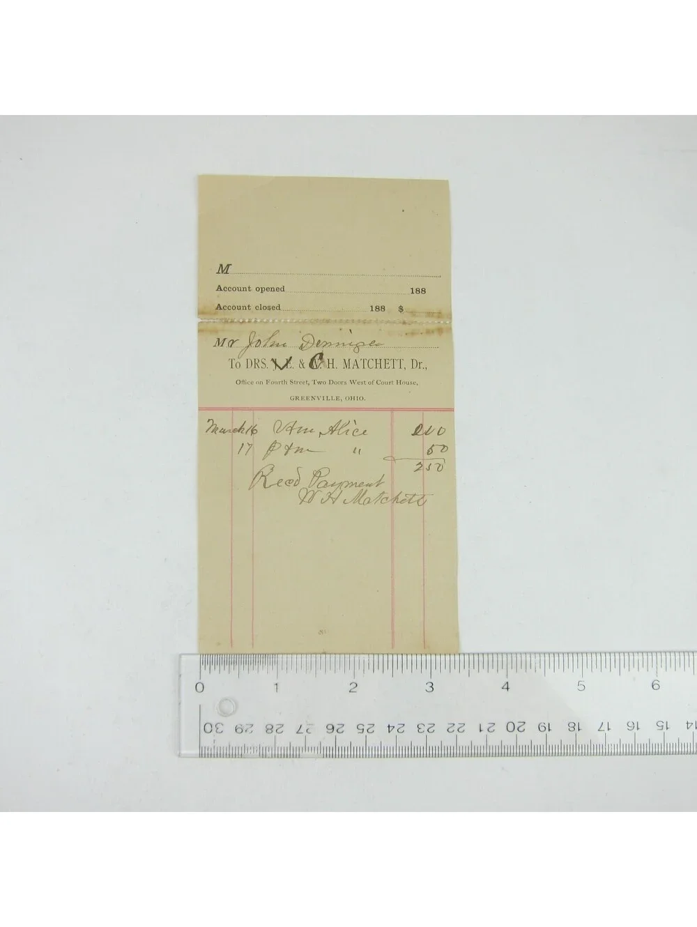 Payment Receipt Dr. W.H. Matchett Greenville Ohio John Dininger Antique 1880s